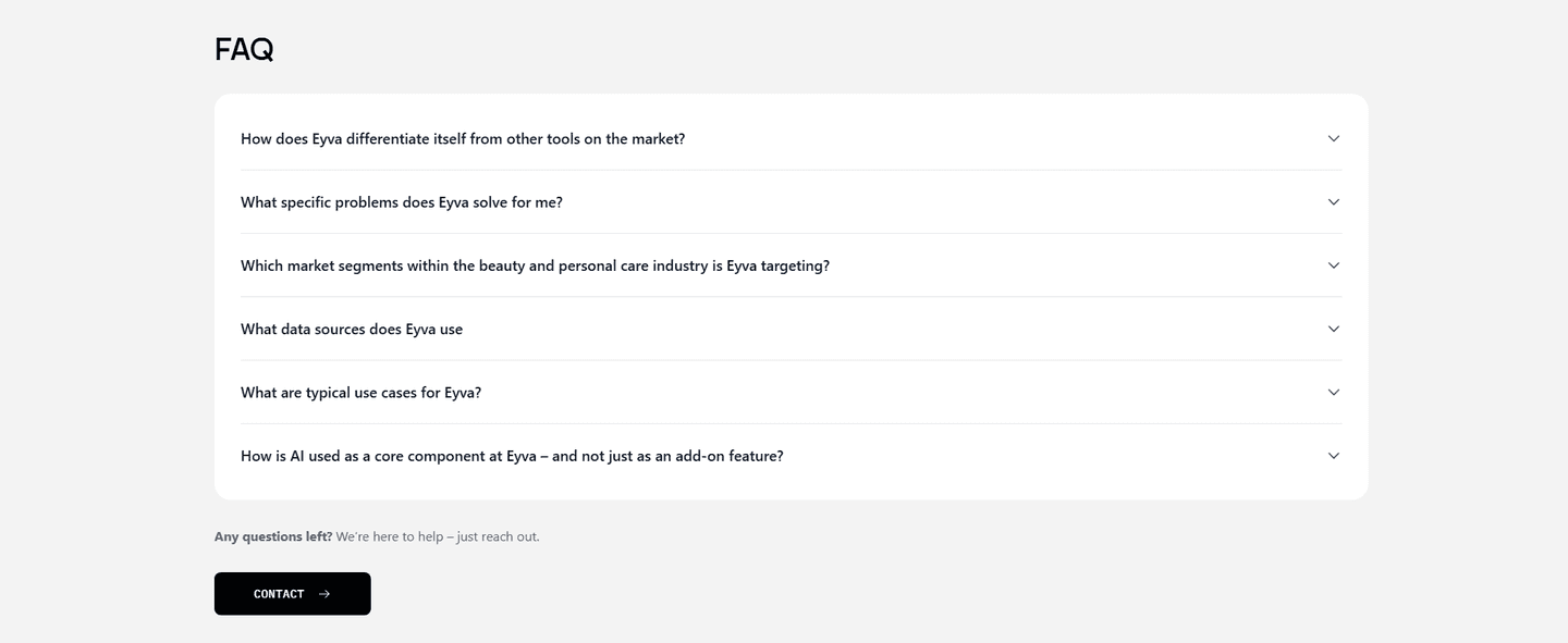 Low-scoring FAQ section example, Eyva