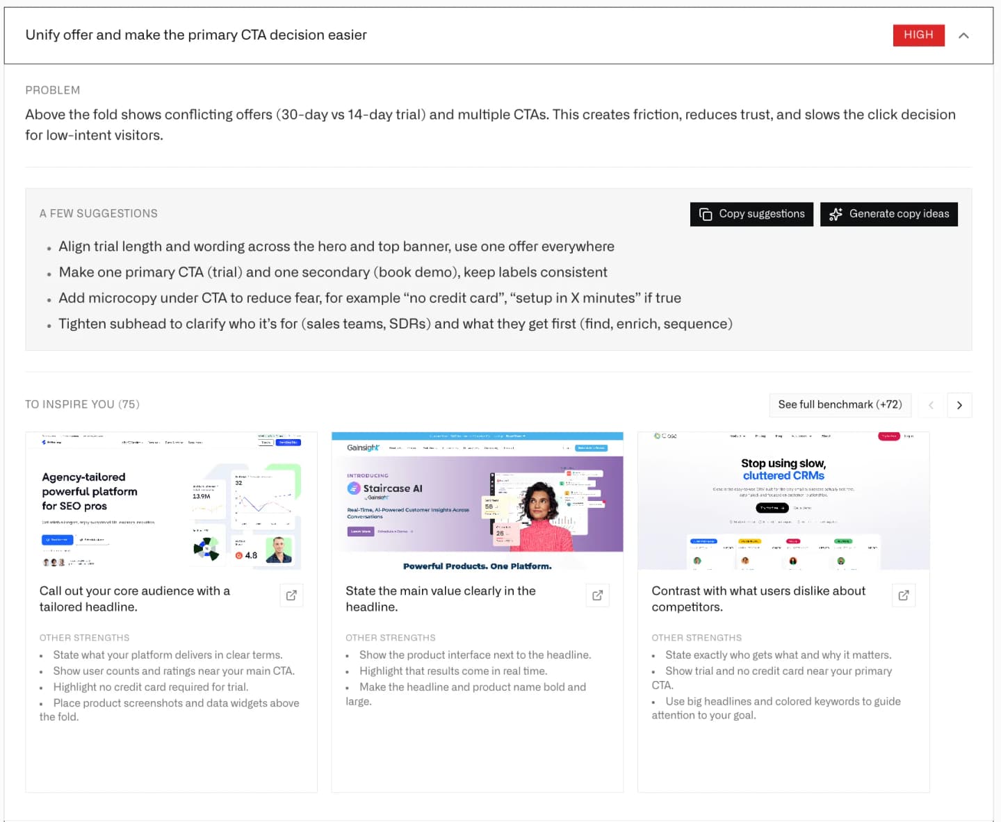 Benchmark comparison showing landing page suggestions with best-in-class examples from 400+ companies